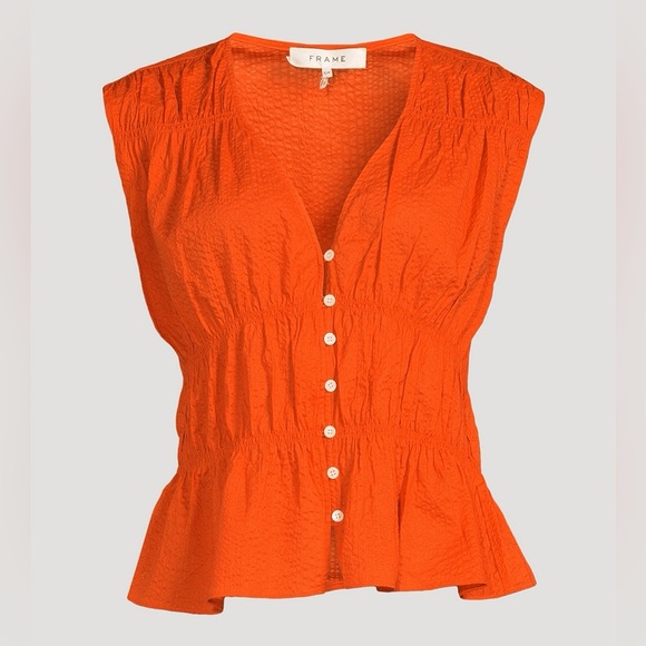 FRAME Ruched Cotton V-Neck Sleeveless Blouse - Picture 3 of 8